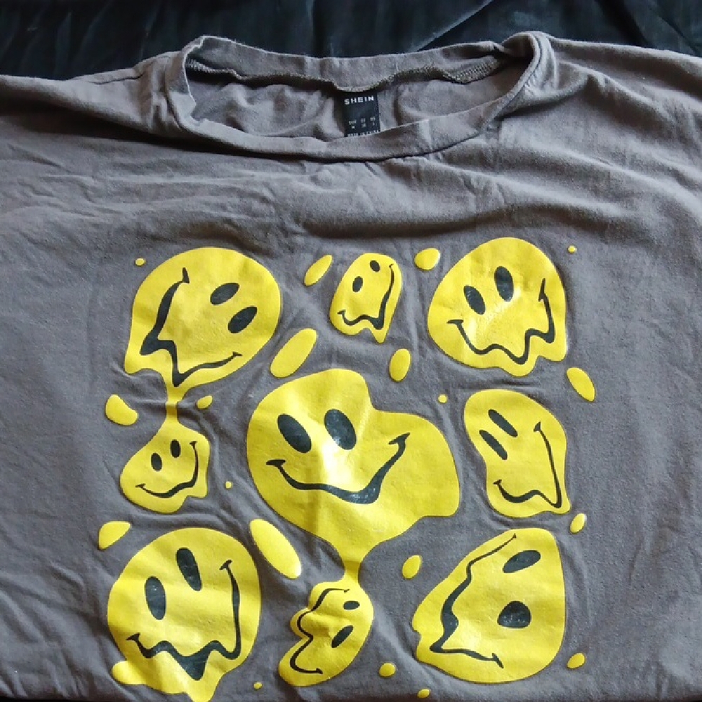 Shein Gray T-Shirt with Yellow Smiley Faces